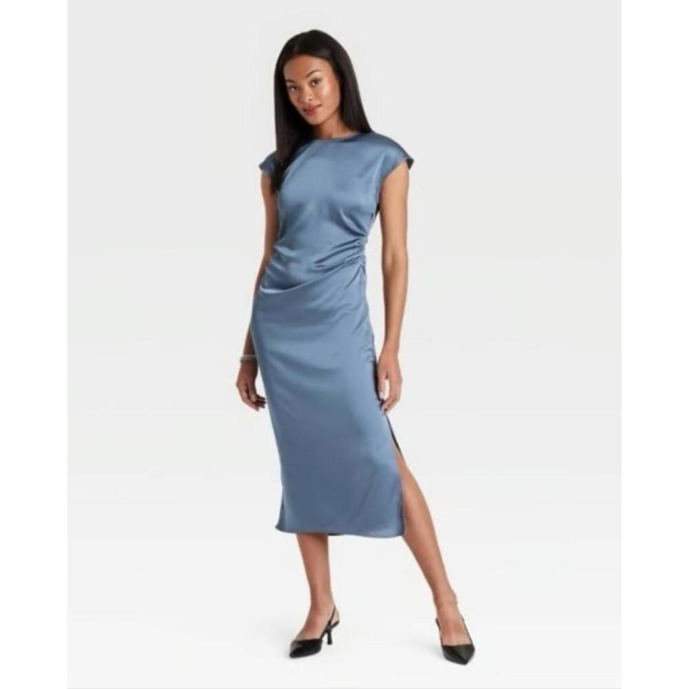 New A New Day women Satin Midi Dress W/ Slit Steal Blue Small